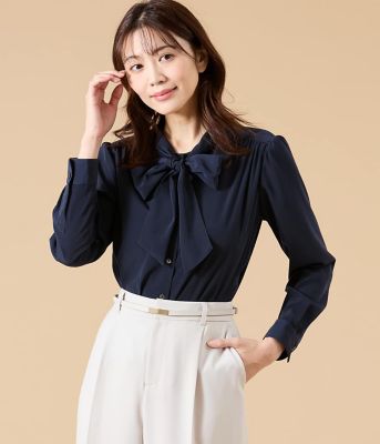 ＜NEWYORKER L (Women/大きいサイズ)＞【Ｌ】ライトデシン　長袖ボウタイブラウス（２０２６５４６１８１１６）