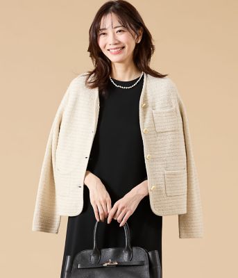 ＜NEWYORKER L (Women/大きいサイズ)＞【Ｌ】ツィーディーラメ　ノーカラーニットジャケット（２０２６５４７１８５１２）