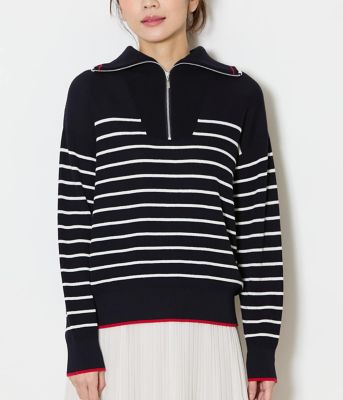 L】【手洗い可能】コットン片畔ボーダー ハーフジップニットプル