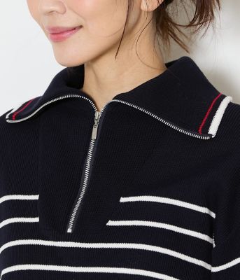 L】【手洗い可能】コットン片畔ボーダー ハーフジップニットプル