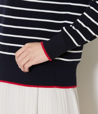 L】【手洗い可能】コットン片畔ボーダー ハーフジップニットプル