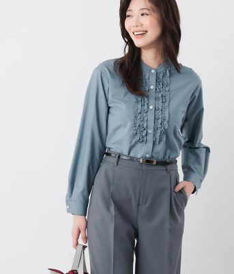 定価5.96万 ドゥロワー コットンシルクフロントフリルブラウス ネイビー 36 L】TRブロード フロントフリル長袖ブラウス