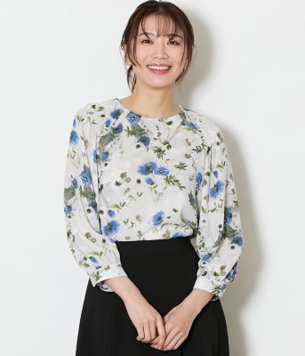 L】ルミナスフラワープリント 8分袖シャーリングブラウス