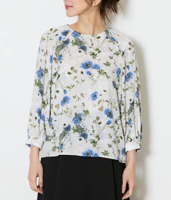 L】ルミナスフラワープリント 8分袖シャーリングブラウス