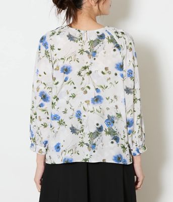 L】ルミナスフラワープリント 8分袖シャーリングブラウス