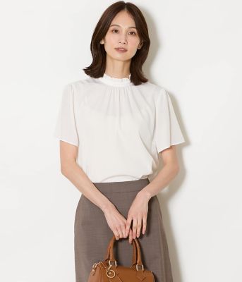 ＜NEWYORKER L PLUS (Women/大きいサイズ)＞【Ｌ】ミニドットデシン　スタンドフリル半袖ブラウス（２０２６５９６５８３５２）