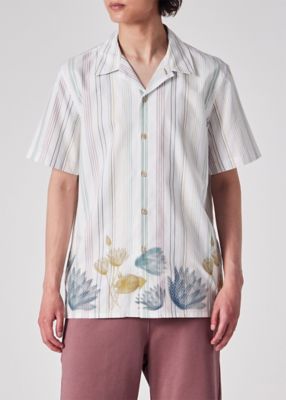 Half Tone Floral” ストライプ オープンカラーシャツ