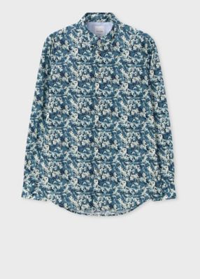 美品【ポールスミス】長袖シャツ ギンガムチェック 花柄 XL 青 白 コットン 美品【ポールスミス】長袖シャツ ギンガムチェック 花柄 XL 青