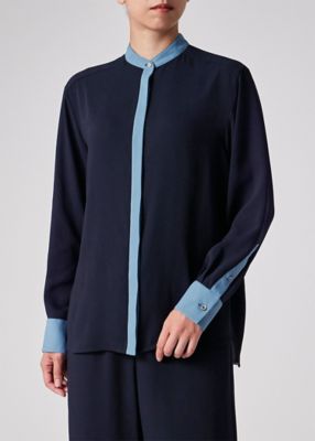 ウィメンズ バックサテン ジョーゼット スタンドカラー ブラウス