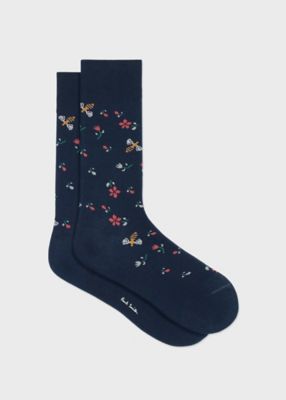 未使用級 ポールスミス 小花柄 ゼニア エレクタ光沢 上下 紫ストライプ 黒 M Floral Bee” ソックス（260620DR） | Paul Smith