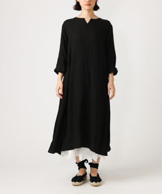 ＜BASCO (Women/大きいサイズ)＞シーラドレス・Ｃ　後ろリボンのリネン七分袖ワンピース／黒