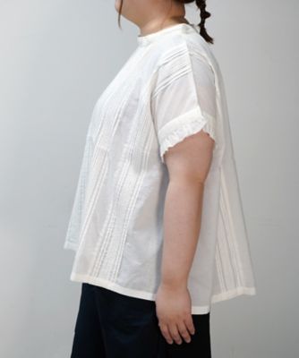 キュロトップ・４　ピンタックと手刺繍の立襟ショートスリーブ　プラスサイズ　１３１１３５１ー５７