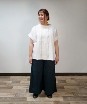 キュロトップ・４　ピンタックと手刺繍の立襟ショートスリーブ　プラスサイズ　１３１１３５１ー５７