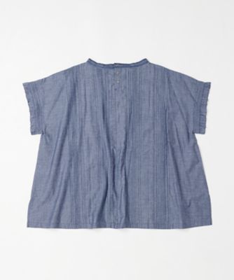 キュロトップＢ・４　ピンタックと手刺繍の立襟シャンブレートップス　プラスサイズ　１３１１４５１ー５７