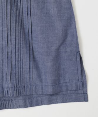 キュロトップＢ・４　ピンタックと手刺繍の立襟シャンブレートップス　プラスサイズ　１３１１４５１ー５７