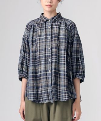 ＜BASCO (Women/大きいサイズ)＞ソラソラブラウス・Ｇ　麻チェックのバルーンスリーブブラウス　１３１２０５２ー１０