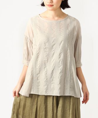 ＜BASCO (Women/大きいサイズ)＞キャデラトップ　ピンタックとレースの綿ボイルブラウス