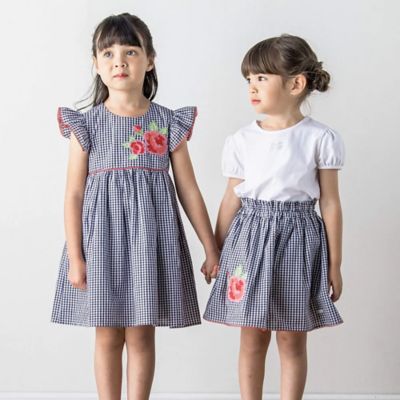 お花刺しゅうギンガムチェック　刺しゅうワンピース