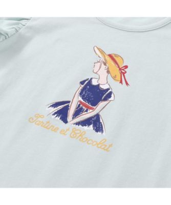 麦わら女の子プリント袖フリルＴシャツ　１７３５－７３５１２