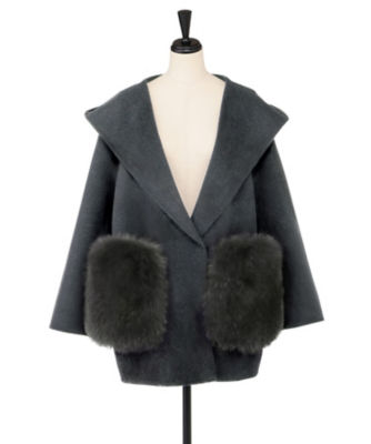 石井毛皮 ubig ウールダブルフェイスFOXファージレ ホワイト U-Big