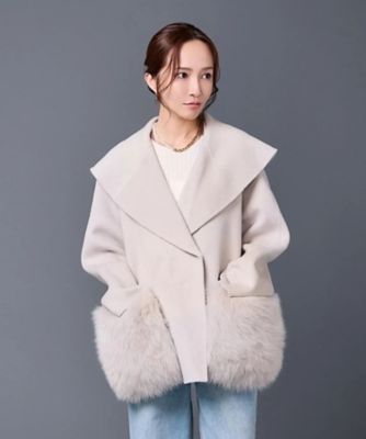 石井毛皮 u-big ウールダブルフェイスショールカラーFOXポケットコート 即納＋受注】ウールダブルフェイスショールカラーボリュームFOX