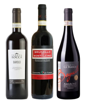 ２０．バローロ、ブルネッロ・ディ・モンタルチーノ、アマローネ三大イタリア赤ワイン３本セット