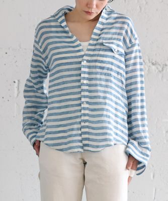 ＜BASCO (Women/大きいサイズ)＞クリス　ｈａｄｄｏｗ　太ボーダーのフラップポケットリネンシャツ　２３００２５１ー１０