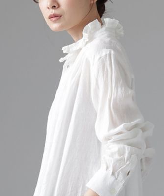 パウロ麻 haddow ウォッシュドリネンのたたみフリル襟のシャツ