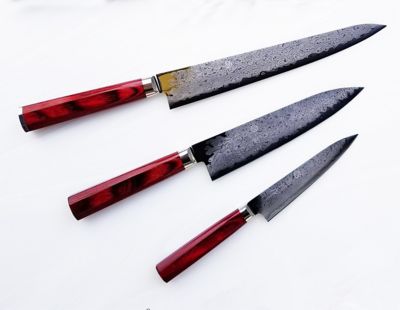 高村刃物製作所/タカムラハモノセイサクジョ ３）ダマスカス打雲花　紅色ハンドル　牛刀２１ｃｍ