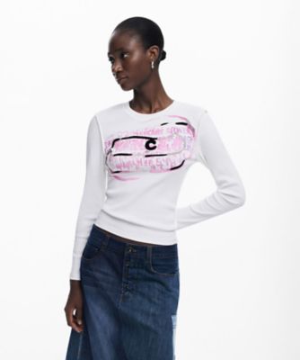 Desigual (Women)/デシグアル ピンクの文字が入った長袖Tシャツ 25SWTKX5