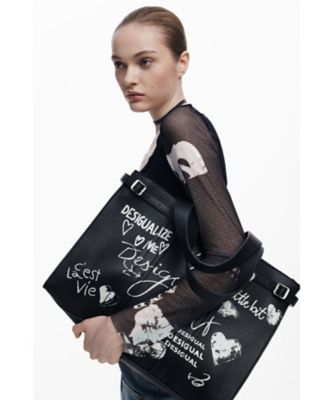 ＜Desigual (Women)＞手書き風落書きプリントフェイクレザーショッパーバッグ　ブラック　２５ＷＡＸＰＡ５