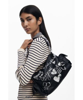 レター付きミディアムサイズのレザー風ボウリングバッグ