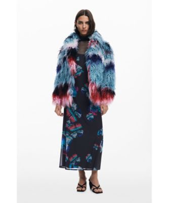 極美品☆Desigualデシグアル　ファージャケット　ブルゾン Desigual ゼブラ柄デザインカラフル フェイクファー フード付