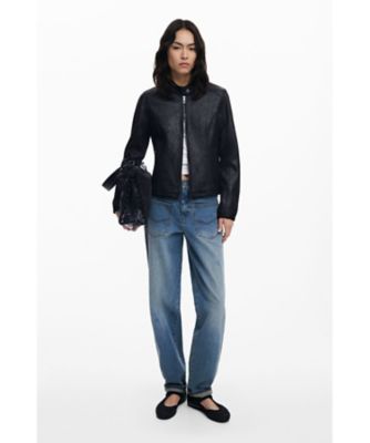 マオカラー ニット袖切り替え フェイクレザージャケット