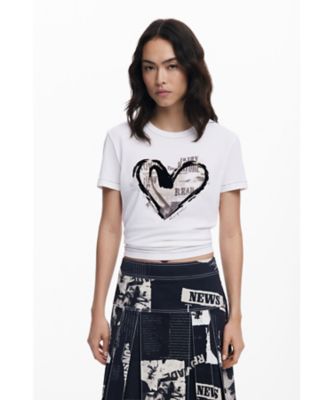 ＜Desigual (Women)＞新聞ハートプリントＴシャツ　ミニ丈　ブラック　ホワイト　２５ＷＷＴＫ０４
