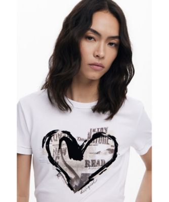 新聞ハートプリントTシャツ ミニ丈 ブラック ホワイト