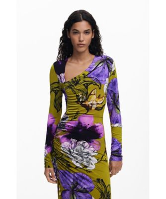 フラワー柄アシンメトリーネックドレス by クリスチャン