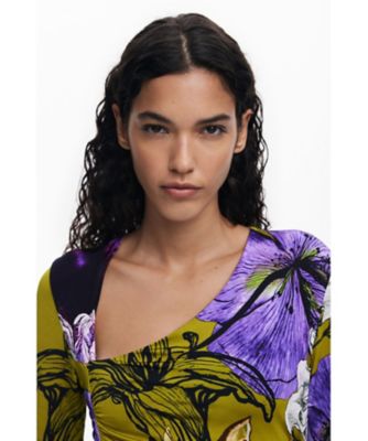 フラワー柄アシンメトリーネックドレス by クリスチャン