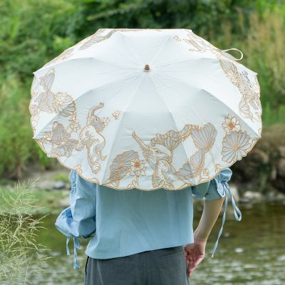 ★【産直】Ｋｉｙａｎホワイトエレファントオーガンジーカットワーク刺繍　かわず張りショート折日傘