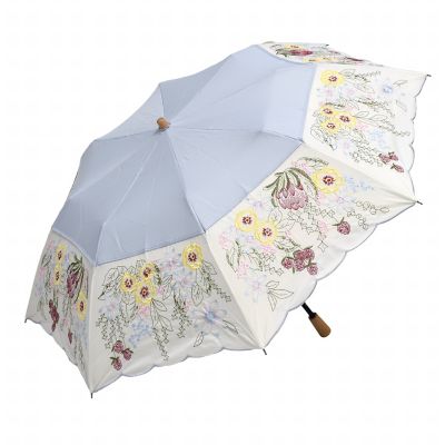 ☆【産直】花束みたいな刺繍かわず張り晴雨兼用ショート折りたたみ日傘