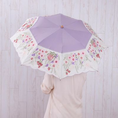 ☆【産直】花束みたいな刺繍かわず張り晴雨兼用ショート折りたたみ日傘