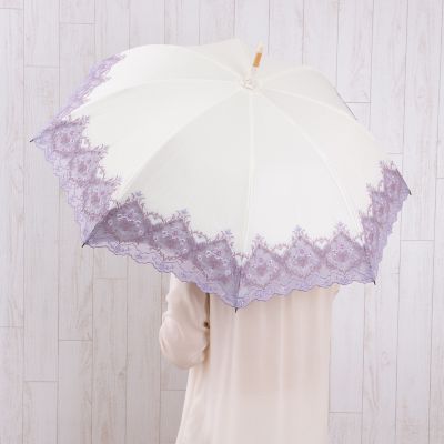 ★【産直】ダマスクオーガンジーカットワーク刺繍かわず張り晴雨兼用長日傘