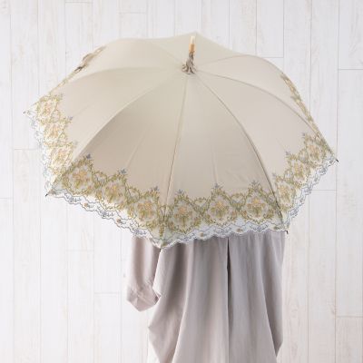 ★【産直】ダマスクオーガンジーカットワーク刺繍かわず張り晴雨兼用長日傘