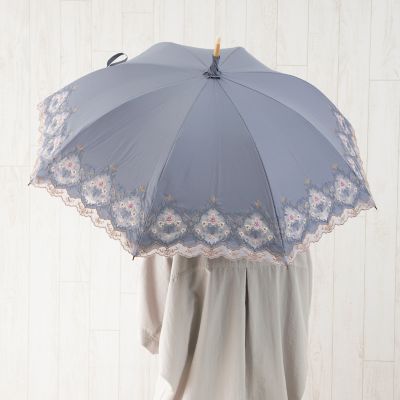 ★【産直】ダマスクオーガンジーカットワーク刺繍かわず張り晴雨兼用長日傘