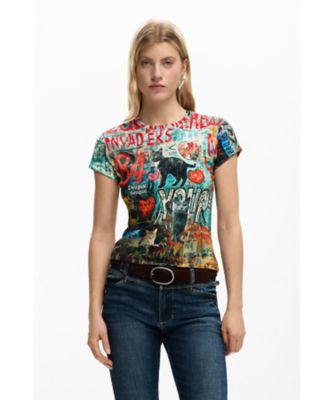 ＜Desigual (Women)＞グラフィティ柄　猫プリントＴシャツ　２６ＳＷＴＫＸＨ