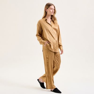 超高級✨@LOUNGE レディスベーシックシルクストレッチ パジャマ　Lサイズ レディース長袖シルクパジャマ レオパード | Yves Delorme/イヴ