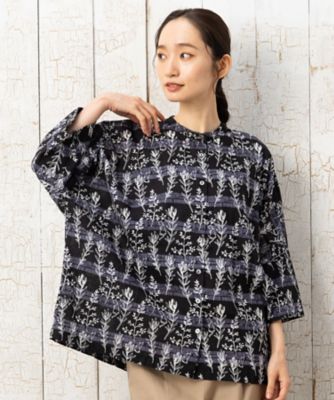ボタニカルボーダープリントシャツ　プラスサイズ