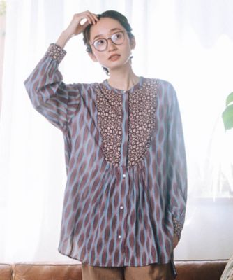 【送料無料】sab street my standard (Women/大きいサイズ)/サブストリート マイスタンダード INDESIGN MIXプリントバンドカラーブラウス 33ー01ー6682 ブラウン(23) トップス【三越伊勢丹/公式】