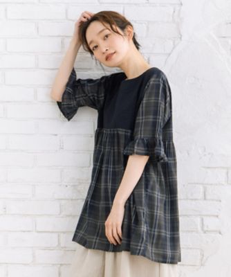 INDESIGN ソリッド×チェックパターンブラウス 33ー0367