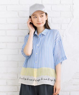 美品　麻グラデーションストライプ　単 Rogique グラデーションストライプフレンチロゴシャツ プラス